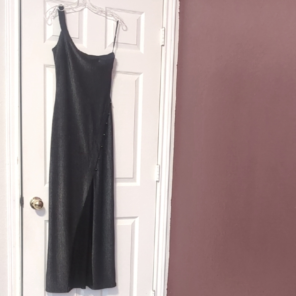 Kitty-Black Metallic One Shoulder Trap Spandex Women Maxi Dress Size M